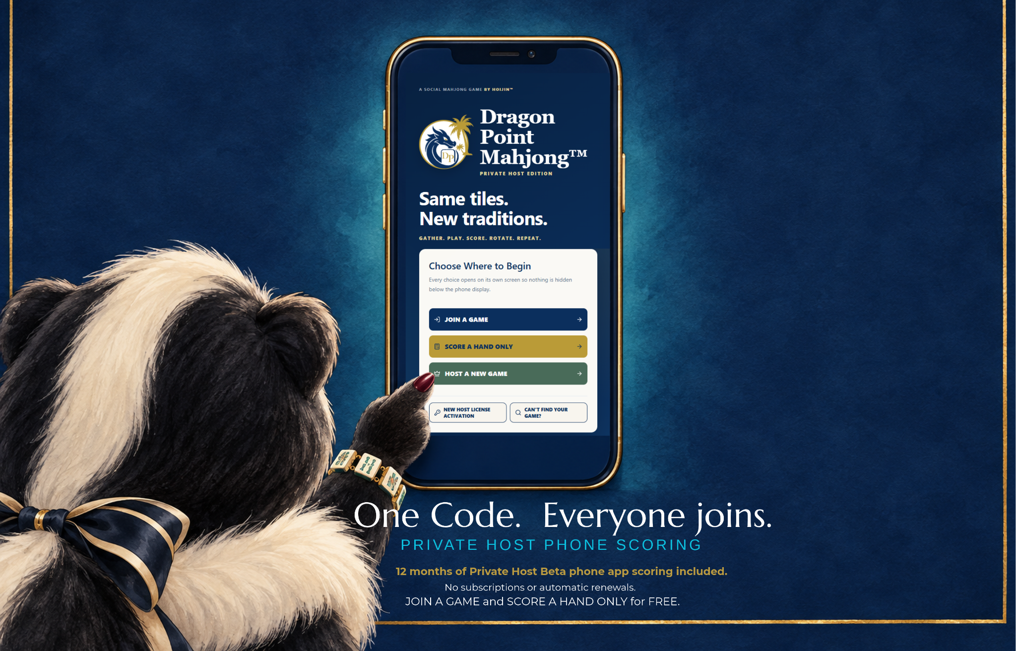 An elegant skunk seen from behind taps a phone displaying the Dragon Point Mahjong Private Host home screen